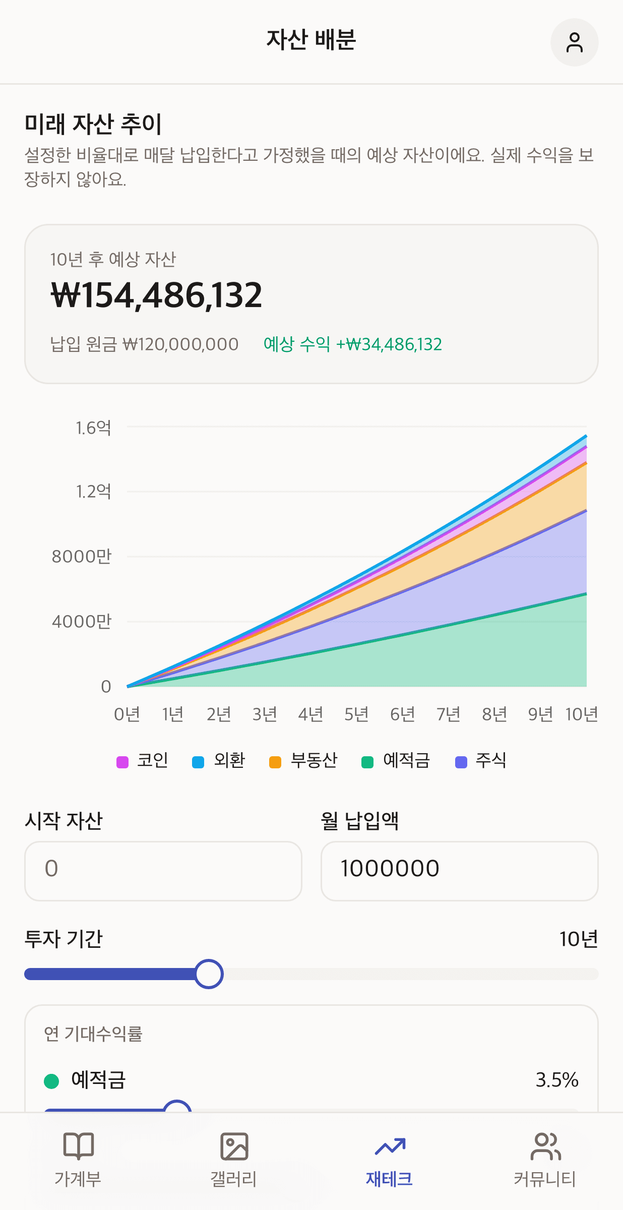 말랑 가계부 자산배분 화면